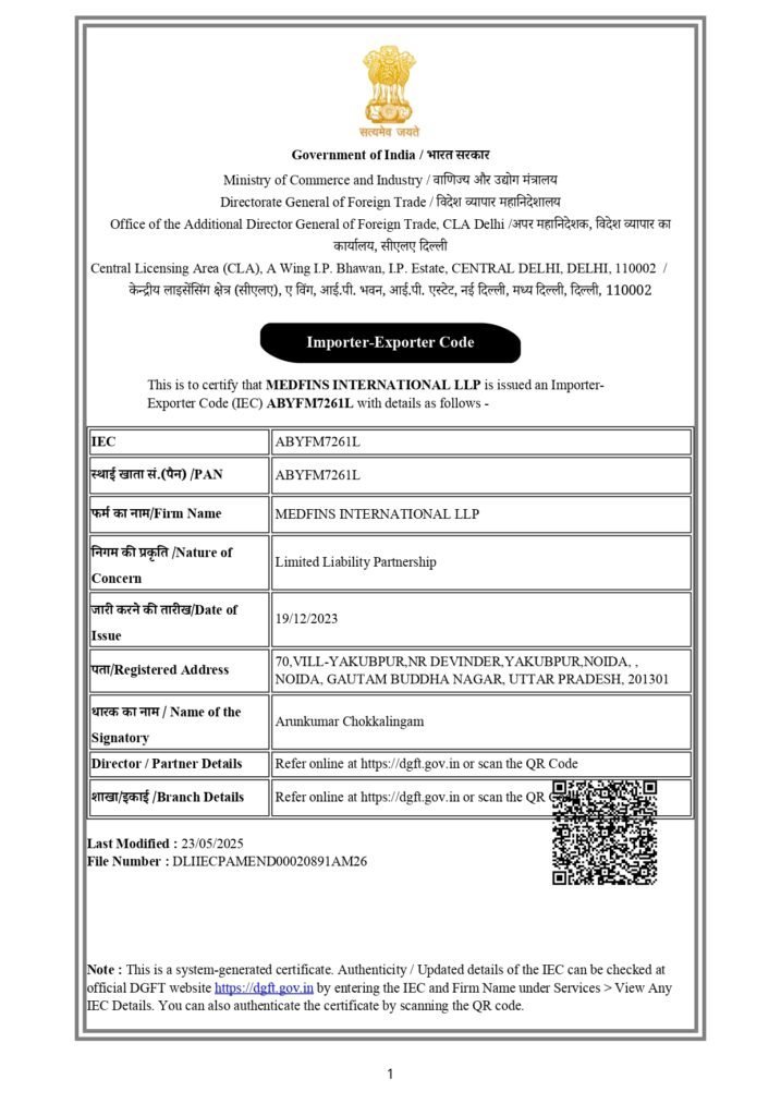 Import Export Code (IEC) certificate – Medfins International LLP