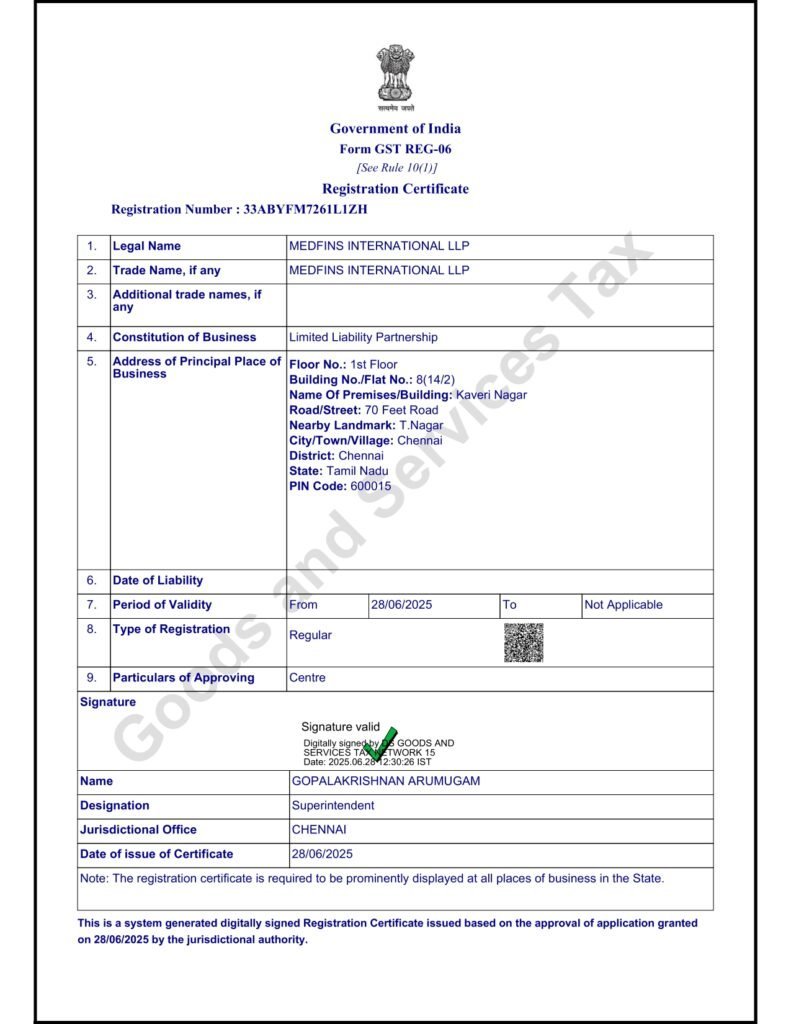 GST Registration (GSTIN) certificate – Medfins International LLP