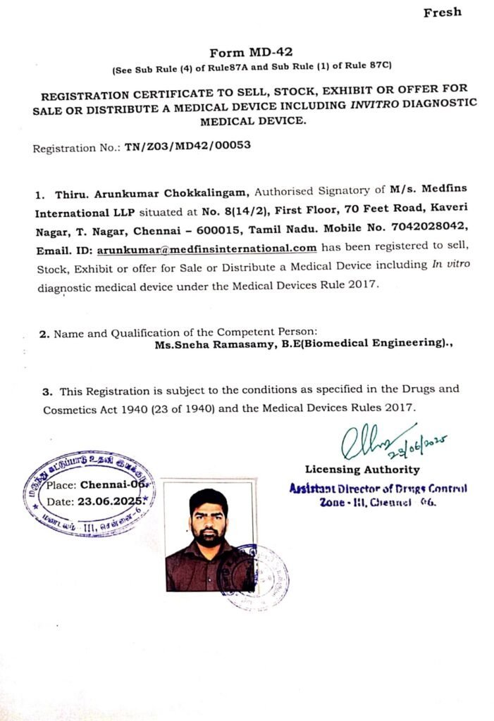 Form MD-42 – Medical Device Registration certificate – Medfins International LLP