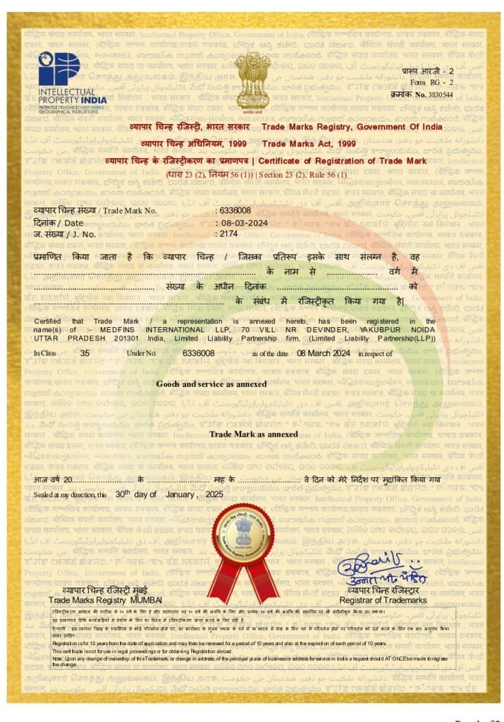 Trademark Registration certificate – Medfins International LLP