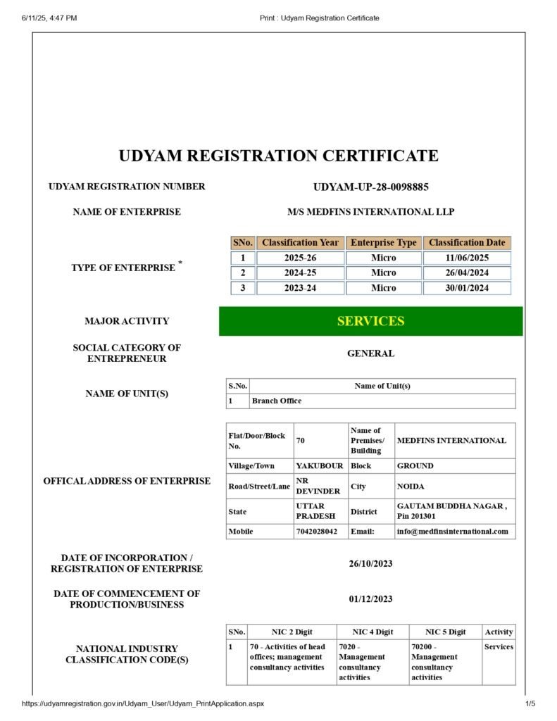 Udyam (MSME) Registration certificate – Medfins International LLP