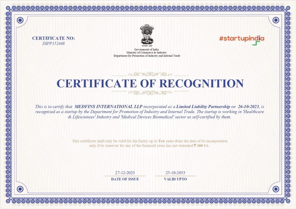Startup India Recognition (DPIIT) certificate – Medfins International LLP