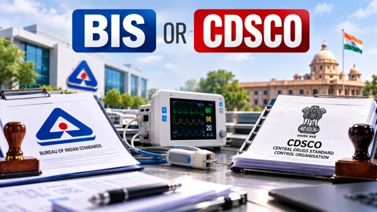 Comparison of the BIS and CDSCO routes for medical devices in India, showing a Bureau of Indian Standards certification file beside a CDSCO file with a patient monitor between them
