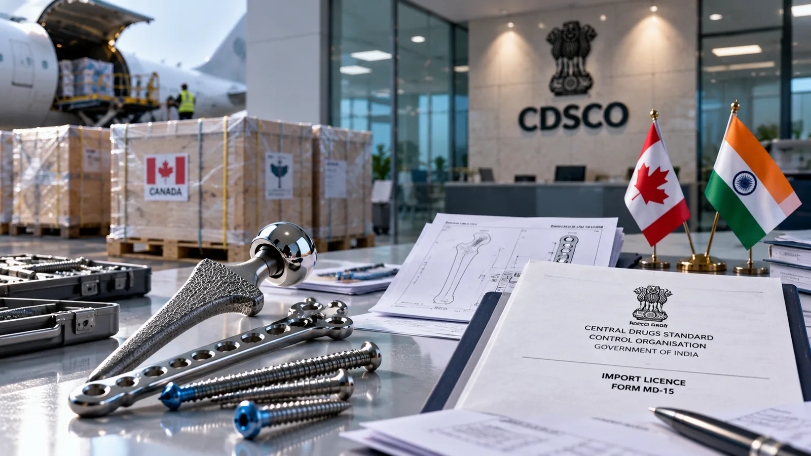 Orthopaedic trauma implants and plates beside a CDSCO Form MD-15 import licence with Canadian and Indian flags and air-freight crates