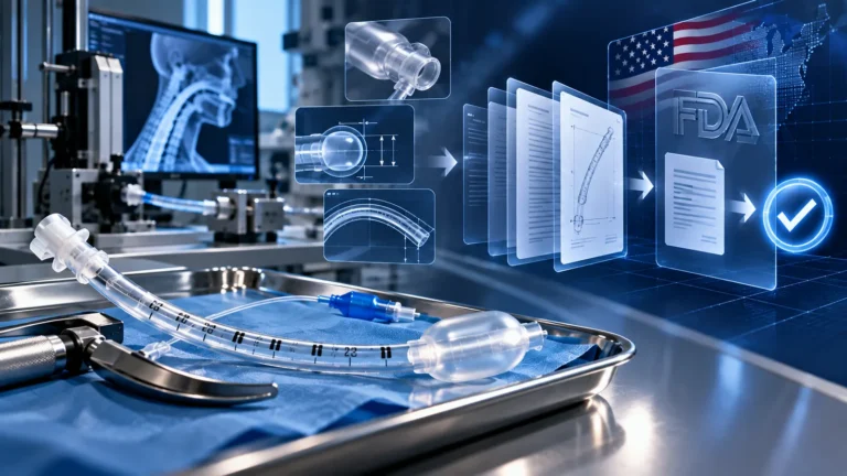 Endotracheal tube on a sterile tray with design drawings and a US FDA 510(k) submission workflow, case study of a US endotracheal tube manufacturer achieving 21 CFR Part 820 compliance