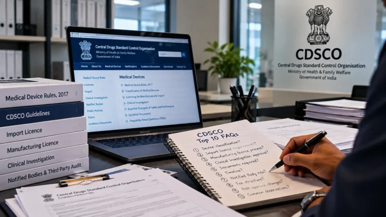 CDSCO guidance documents and a notebook listing the top 10 frequently asked questions on medical device regulation in India
