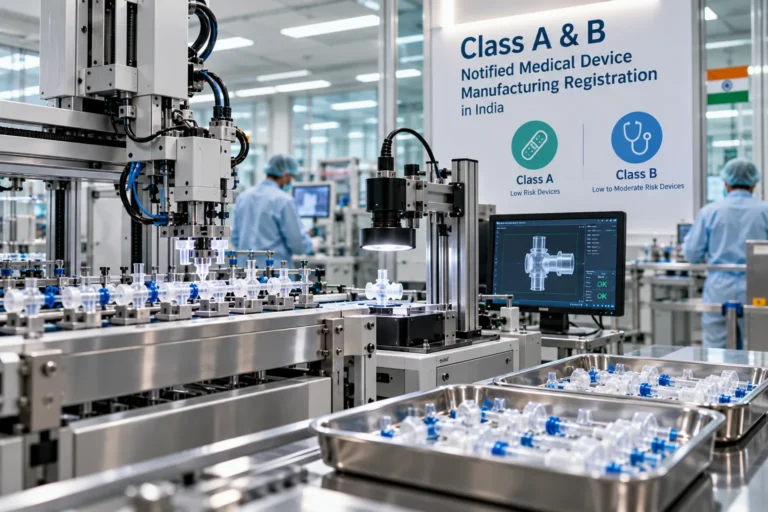 Automated medical device assembly line in an Indian cleanroom under a Class A and Class B notified medical device manufacturing registration sign