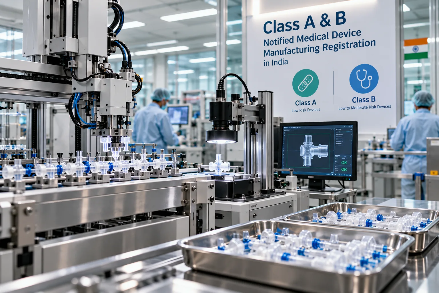 Automated medical device assembly line in an Indian cleanroom under a Class A and Class B notified medical device manufacturing registration sign