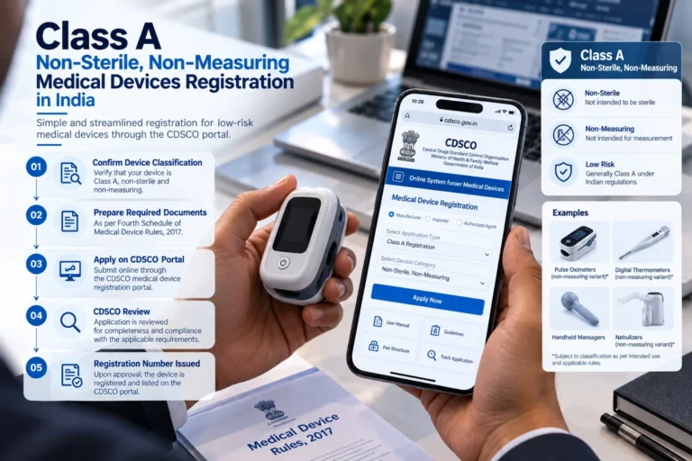 Pulse oximeter held beside the CDSCO online registration portal showing the Class A non-sterile, non-measuring medical device registration steps