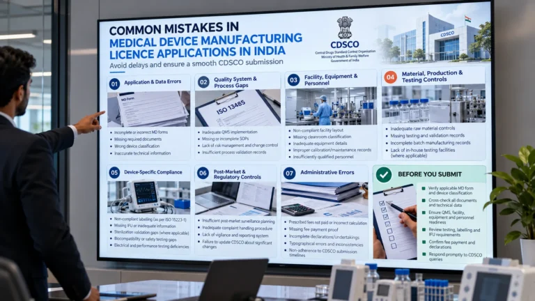 Presentation screen listing common mistakes in medical device manufacturing licence applications in India, from MD form errors to post-market controls