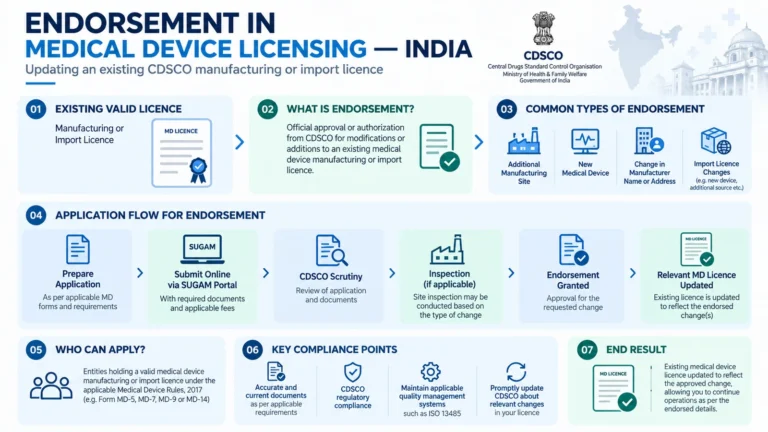 Infographic on endorsement in medical device licensing in India, showing CDSCO endorsement types and the SUGAM application flow to update an existing MD licence