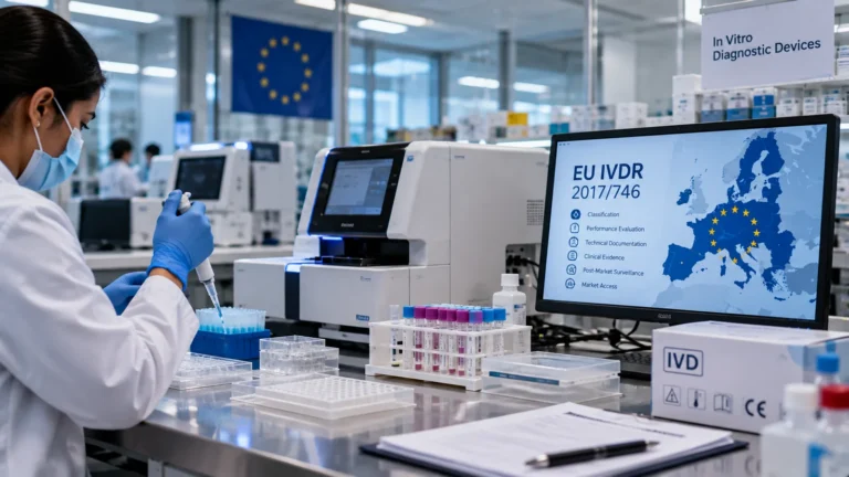 Laboratory technician pipetting samples beside a screen showing EU IVDR 2017/746 requirements for in vitro diagnostic devices