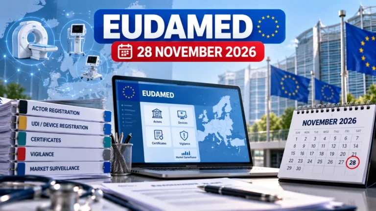 EUDAMED registration deadline of 28 November 2026 circled on a calendar, alongside the EUDAMED modules for actor registration, UDI and device registration, certificates, vigilance and market surveillance