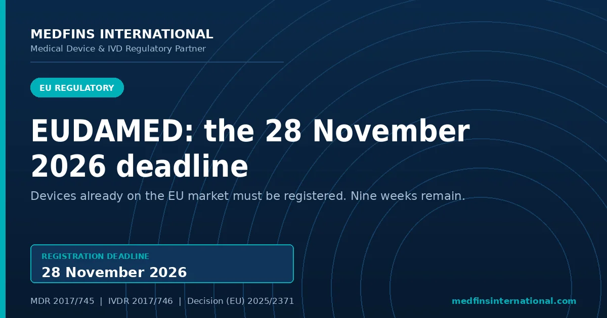 Medfins International poster: EUDAMED registration deadline of 28 November 2026 for devices already on the EU market, under MDR 2017/745, IVDR 2017/746 and Decision (EU) 2025/2371