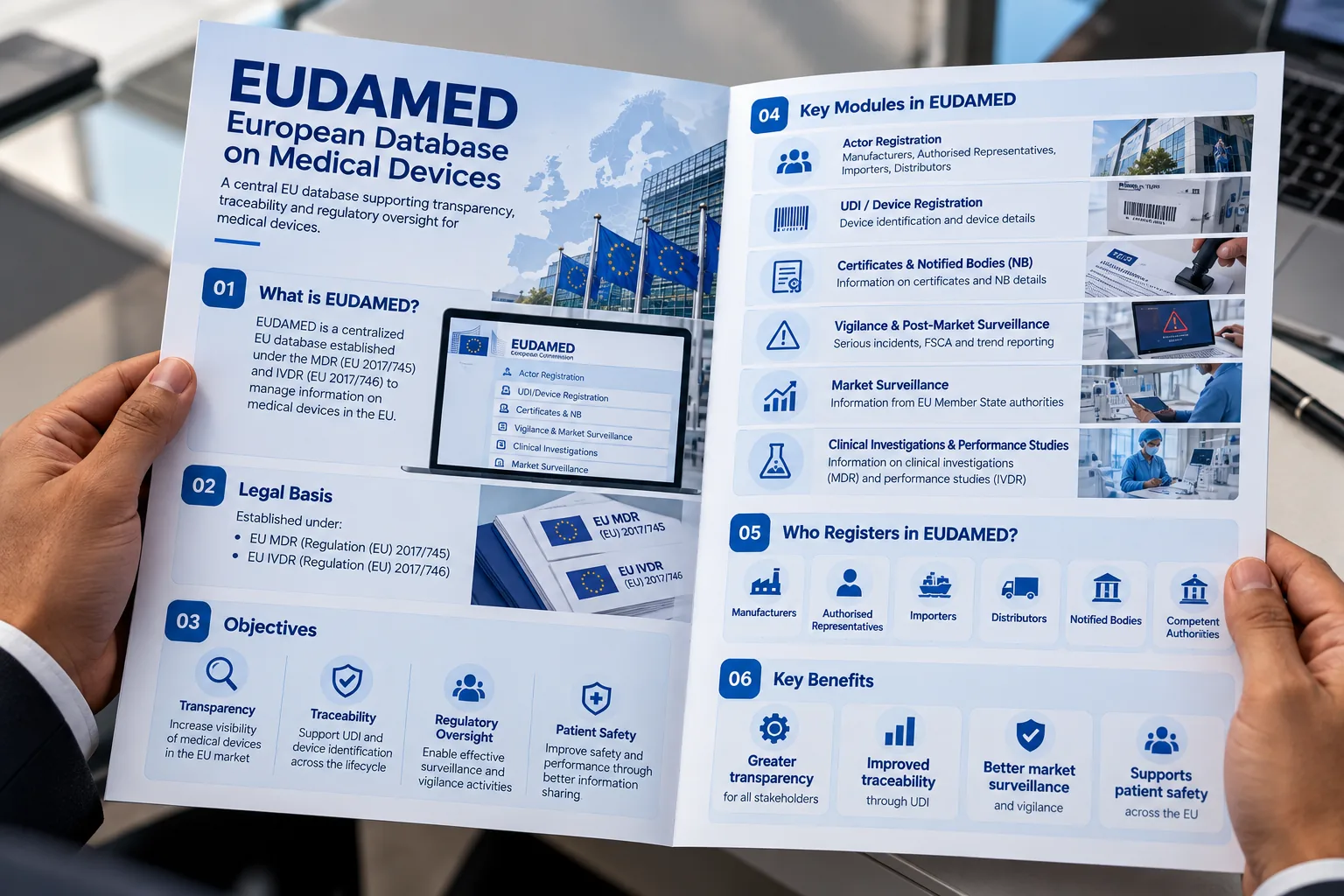 Printed EUDAMED brochure explaining the European Database on Medical Devices, its legal basis under EU MDR 2017/745 and IVDR 2017/746, key modules and who must register