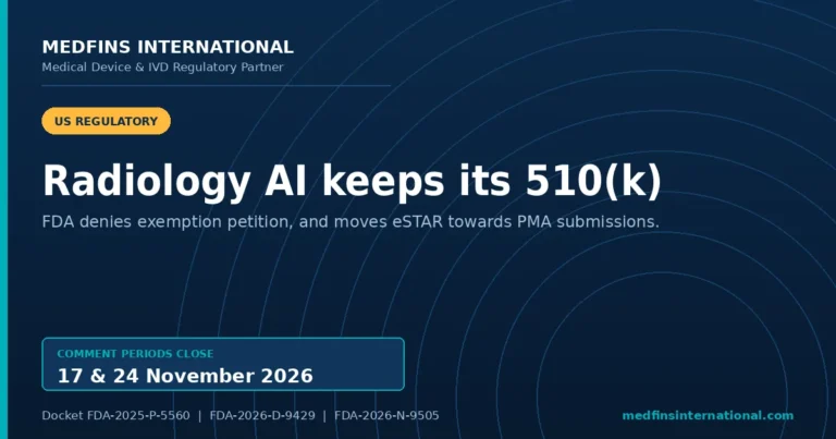 Medfins International poster: FDA keeps the 510(k) requirement for radiology AI and moves eSTAR towards PMA submissions, with comment periods closing 17 and 24 November 2026