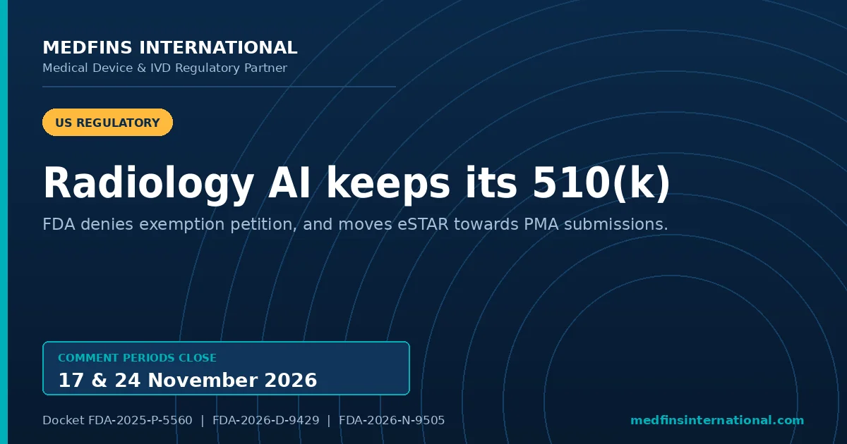 Medfins International poster: FDA keeps the 510(k) requirement for radiology AI and moves eSTAR towards PMA submissions, with comment periods closing 17 and 24 November 2026
