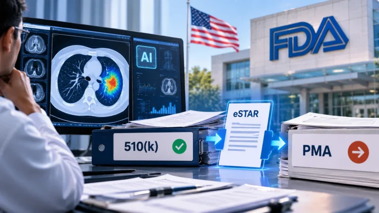 Radiologist reviewing an AI-assisted CT scan beside FDA headquarters, with the 510(k), eSTAR and PMA submission pathways