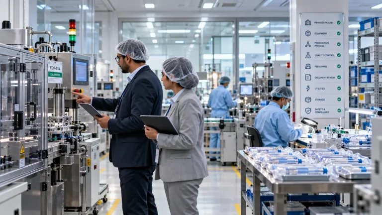 Auditors reviewing a medical device production line in India against a Fourth and Fifth Schedule audit checklist