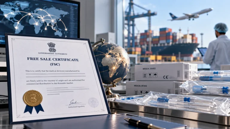Free Sale Certificate for medical devices displayed beside sterile syringes, a globe and a container port, used to support export and overseas registration