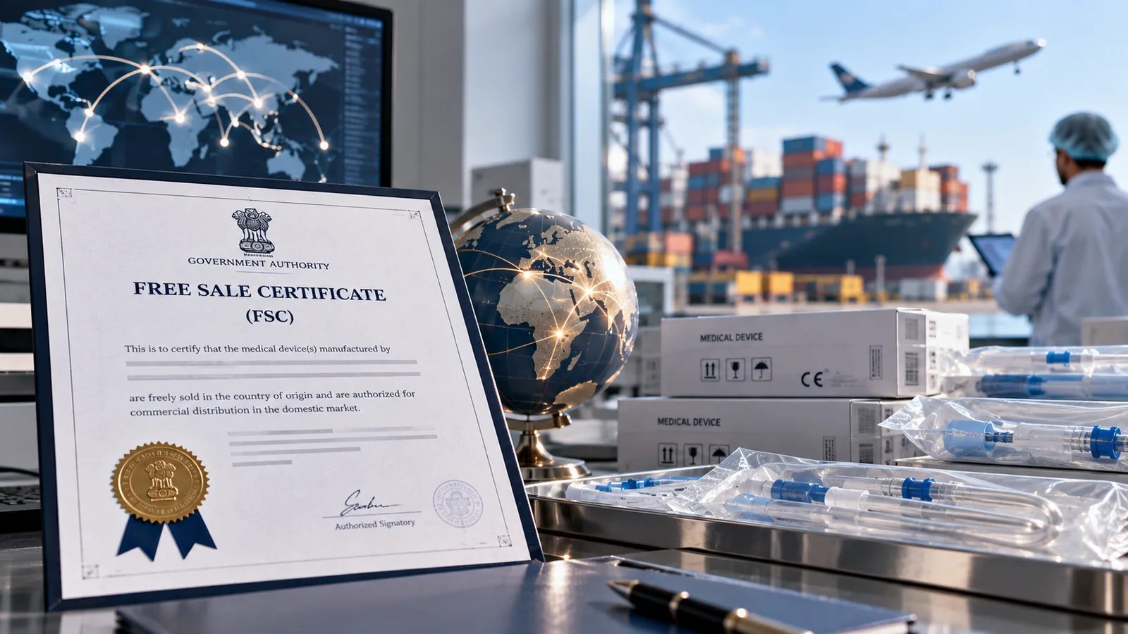 Free Sale Certificate for medical devices displayed beside sterile syringes, a globe and a container port, used to support export and overseas registration