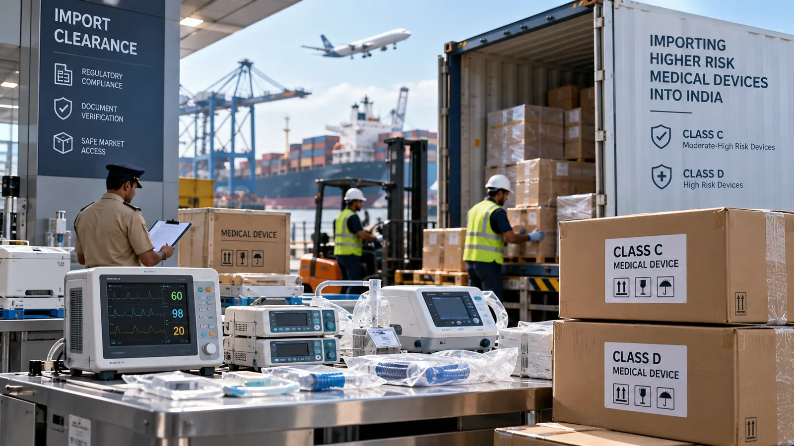 Customs officer inspecting patient monitors and boxes labelled Class C and Class D at an Indian port during medical device import clearance