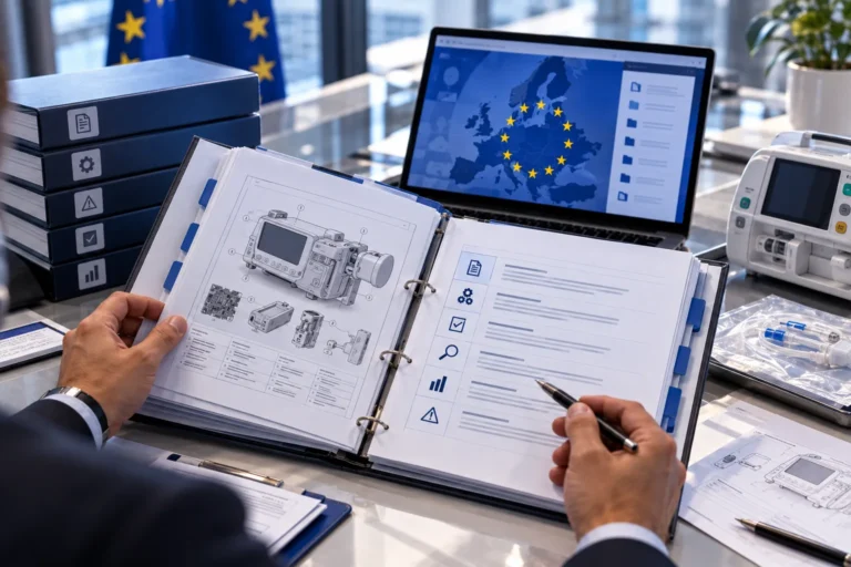 Open EU MDR technical documentation binder with device drawings and an EU market map, introduction to technical documentation under EU MDR 2017/745