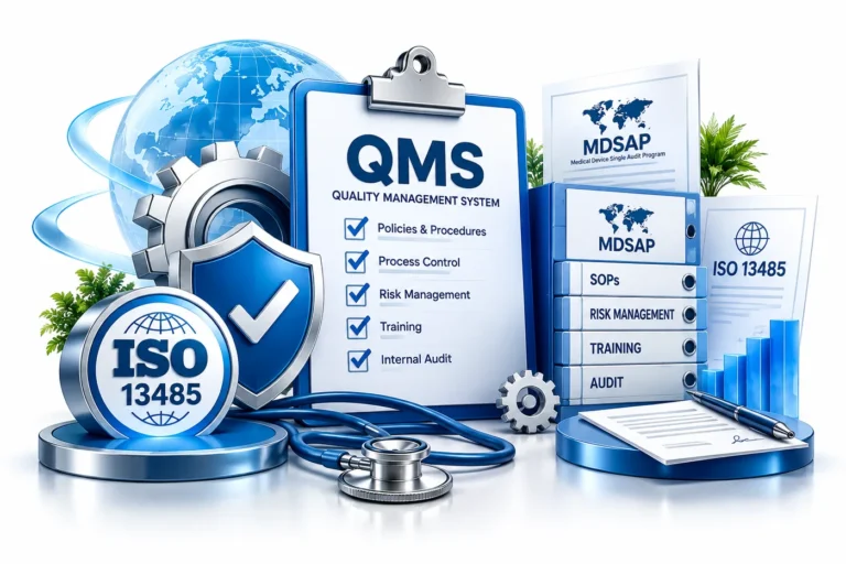 ISO 13485 quality management system documentation with MDSAP procedures, risk management, training and audit files