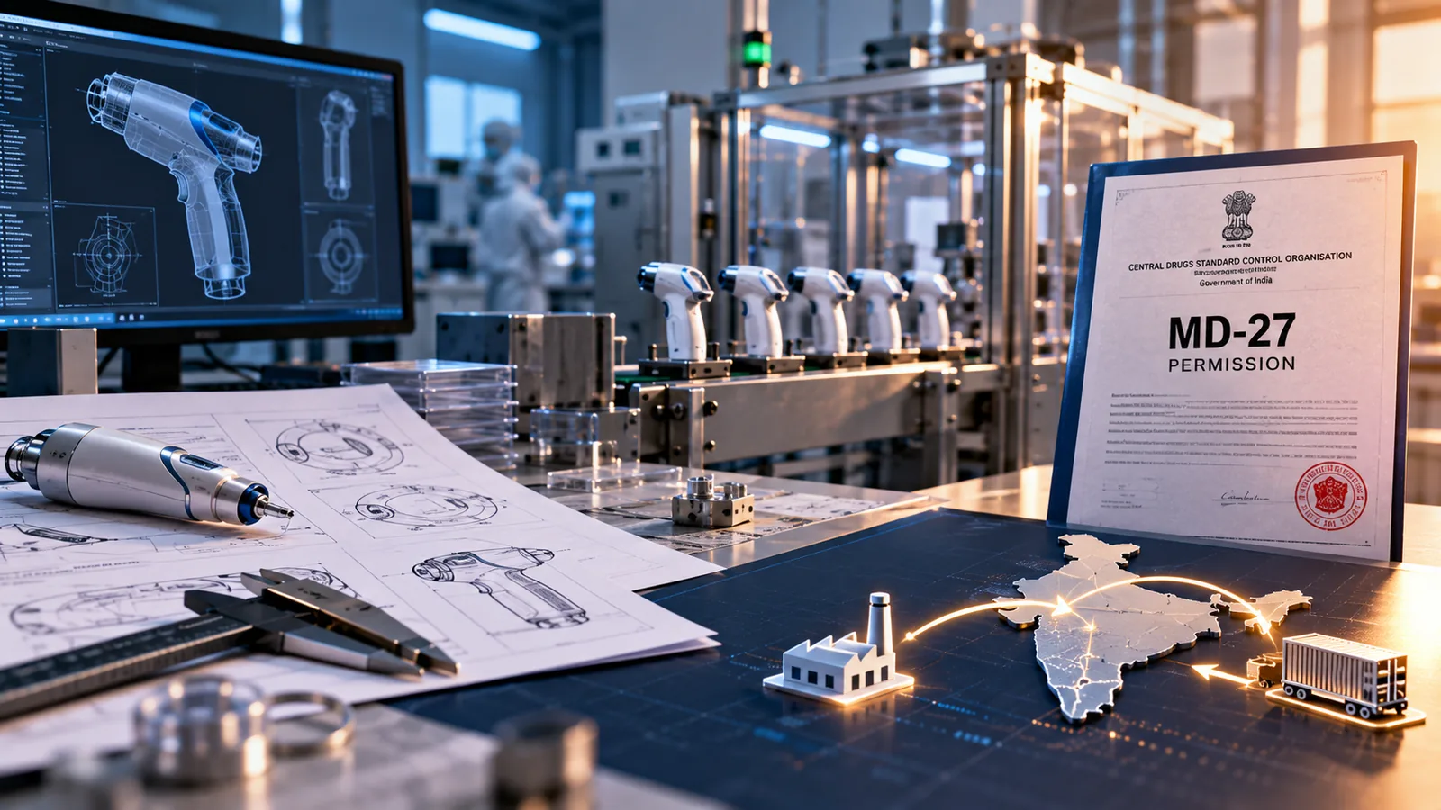 CDSCO Form MD-27 permission certificate beside surgical instrument production and design drawings on an Indian manufacturing line