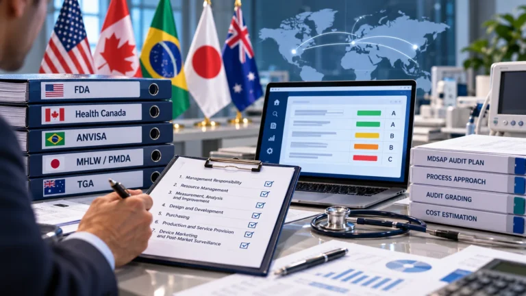 MDSAP audit preparation showing regulator files for FDA, Health Canada, ANVISA, MHLW PMDA and TGA beside an audit process checklist and a grading dashboard