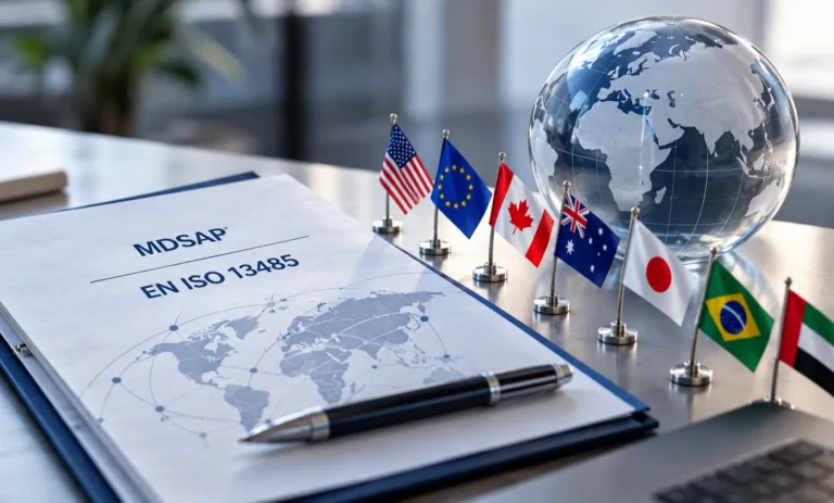 MDSAP EN ISO 13485 audit document with flags of the five participating regulatory markets