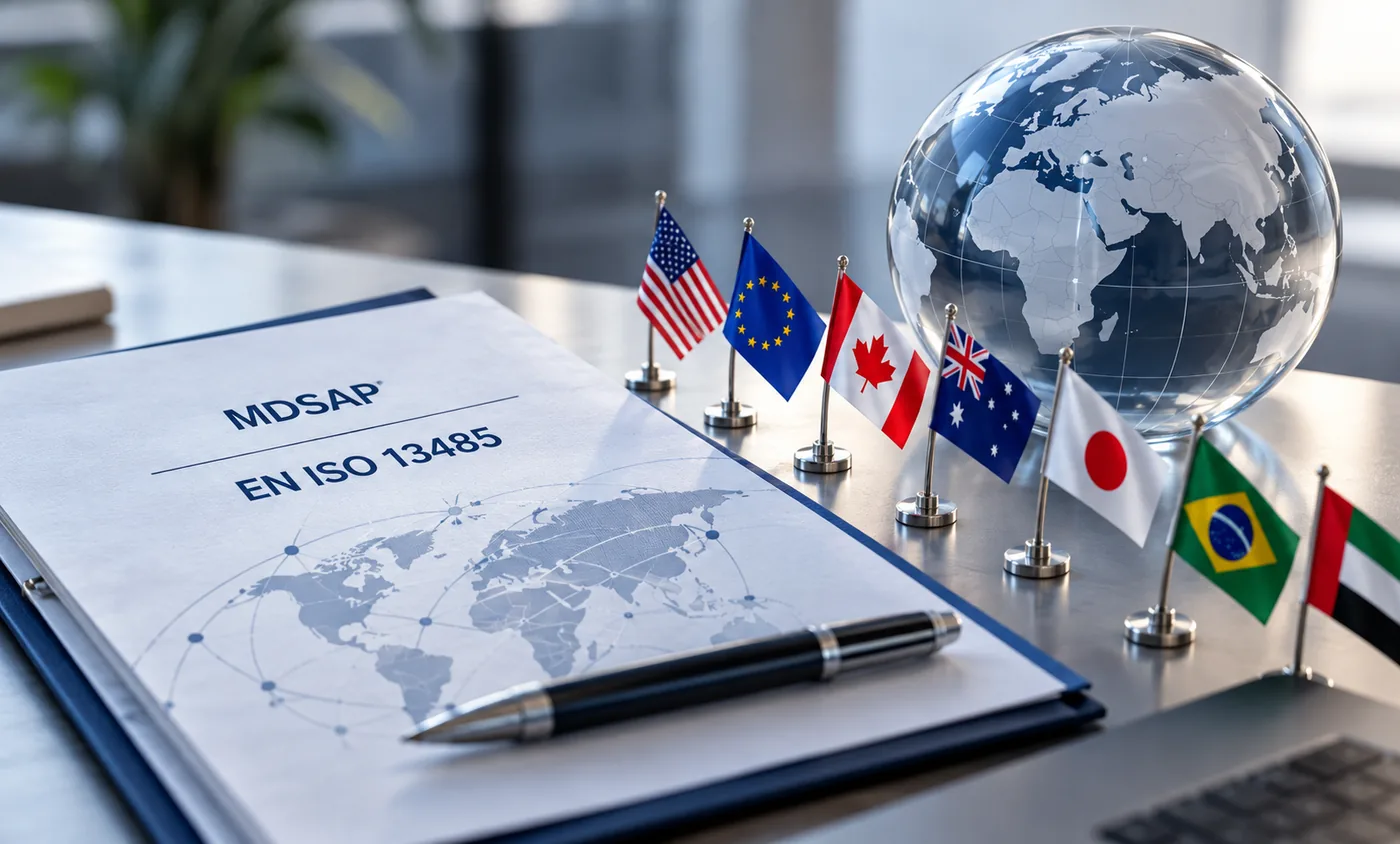 MDSAP EN ISO 13485 audit document with flags of the five participating regulatory markets