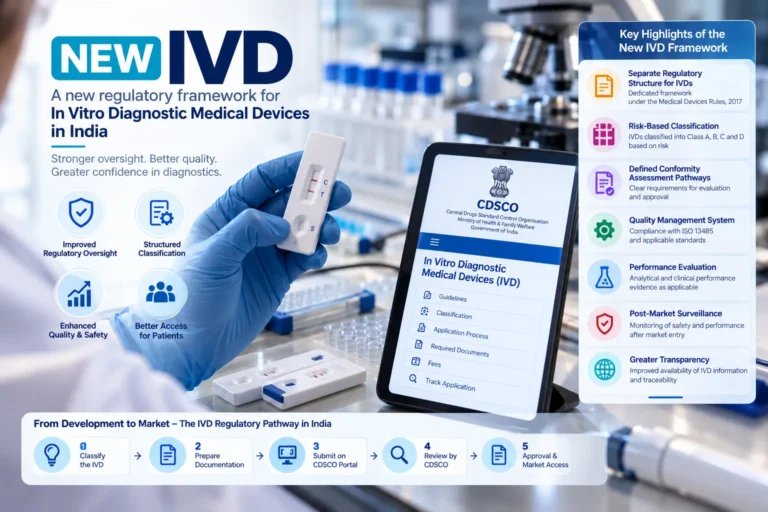 Lateral flow test held beside the CDSCO in vitro diagnostic portal showing the new IVD regulatory framework and pathway in India