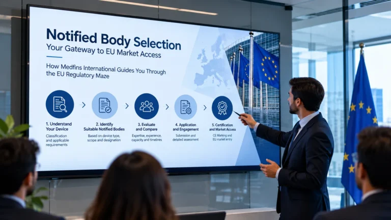 Presenter explaining the five steps of notified body selection for EU market access and CE marking to a boardroom audience