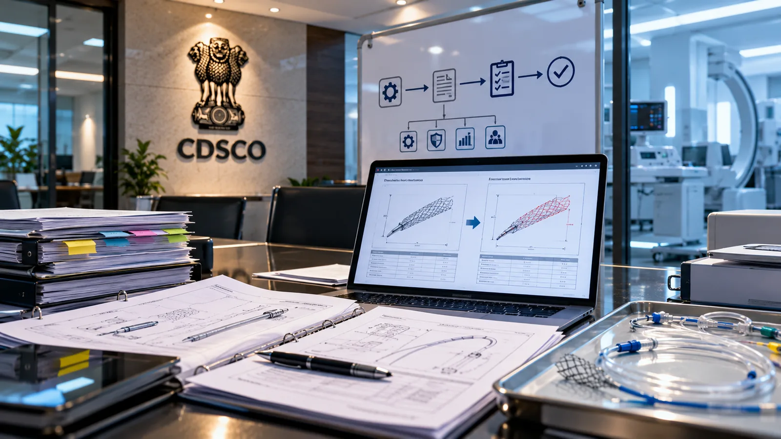 CDSCO office desk with device drawings and a design change comparison on screen, post-submission requests in medical device licensing in India