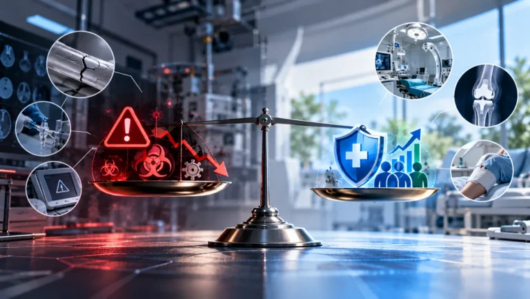 Balance scale weighing medical device risks against clinical benefits, risk benefit analysis in medical devices
