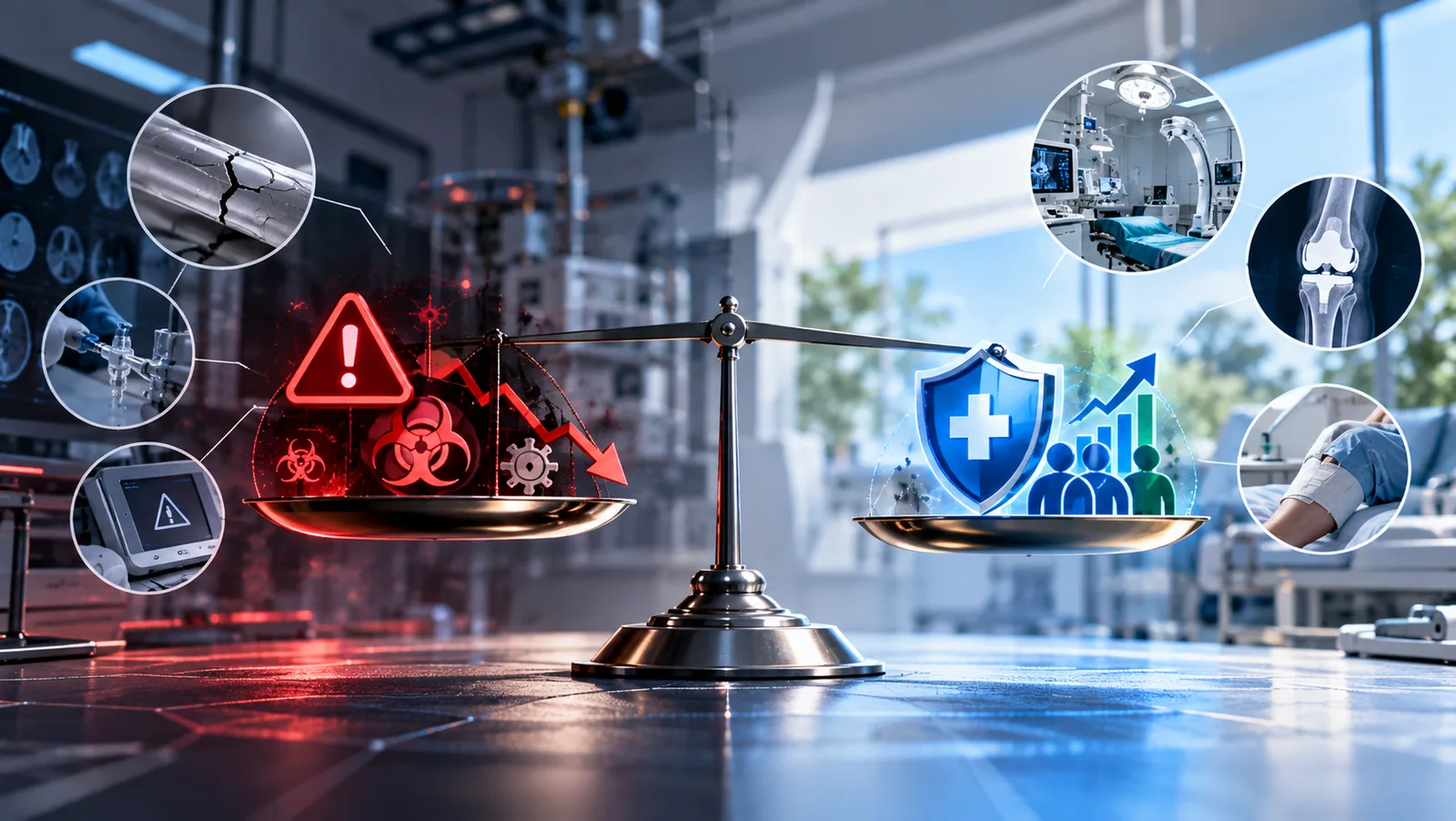 Balance scale weighing medical device risks against clinical benefits, risk benefit analysis in medical devices