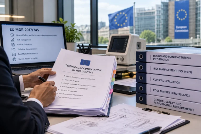 Regulatory professional reviewing EU MDR 2017/745 technical documentation beside binders for design, risk management, clinical evaluation and post-market surveillance