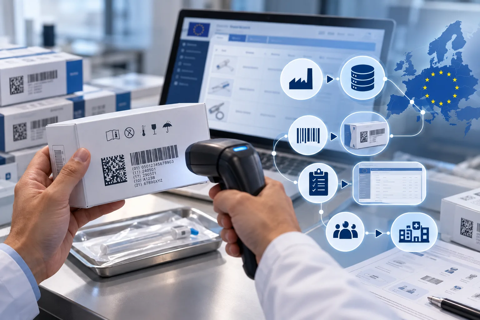 Technician scanning a UDI barcode on medical device packaging with the EUDAMED UDI database and an EU map, unique device identification in the EU context
