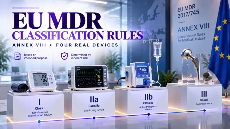 Infographic explaining EU MDR 2017/745 device classification rules with worked examples across Class I, IIa, IIb and III