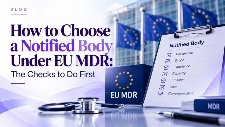 Guide to selecting an EU MDR notified body, showing designation scope, capacity and timeline considerations for manufacturers