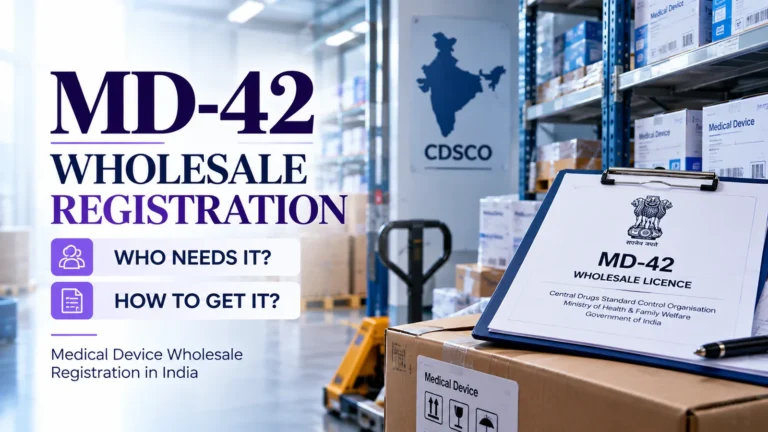 MD-42 wholesale registration guide for medical device distributors in India, showing the Form MD-41 application route under the Medical Devices Rules 2017
